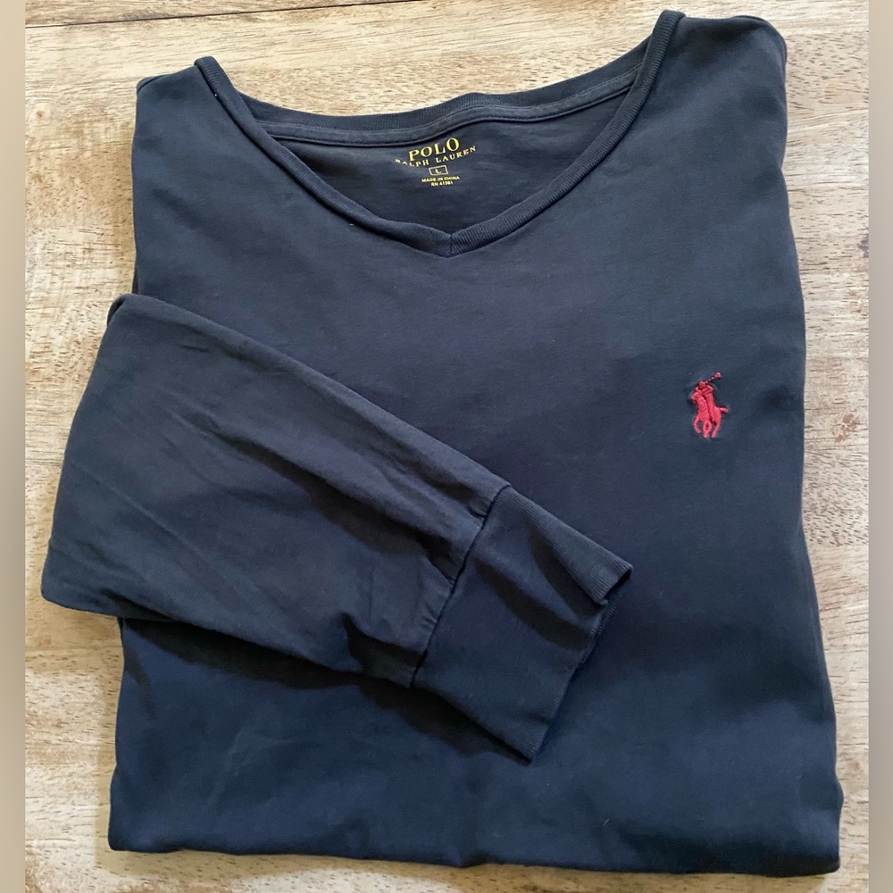 Polo Ralph Lauren Men’s Sz L Dk Gray V Neck Cotton Jersey Long Sleeve Tee‎